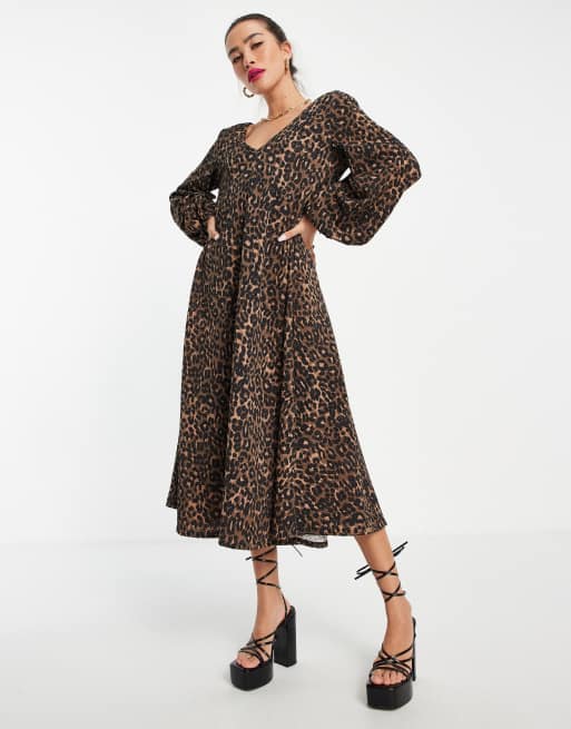 ASOS DESIGN textured smock midi dress with v neck in leopard print