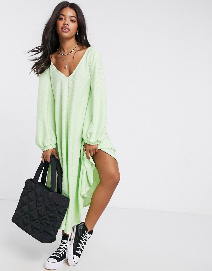 Asos Design Textured Smock Midi Dress With V Neck In Lime-green