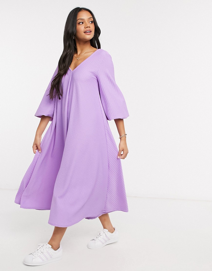 Asos Design Textured Smock Midi Dress With V Neck In Violet-purple