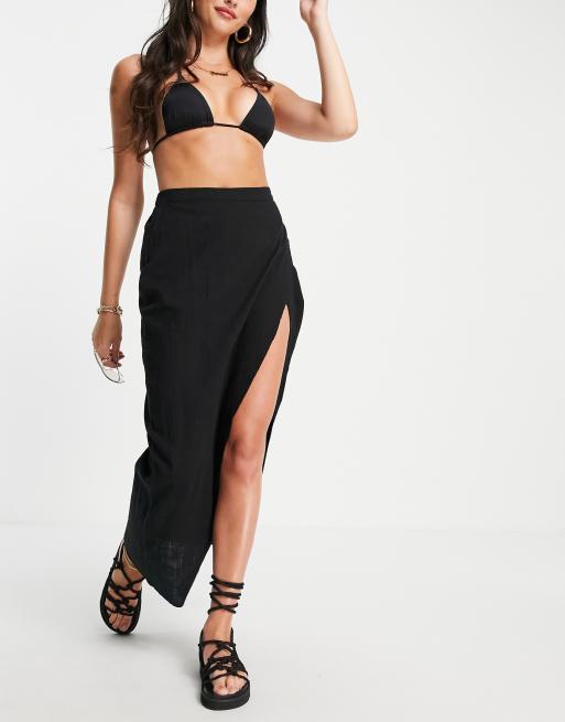 ASOS DESIGN textured split front beach maxi skirt in black ASOS