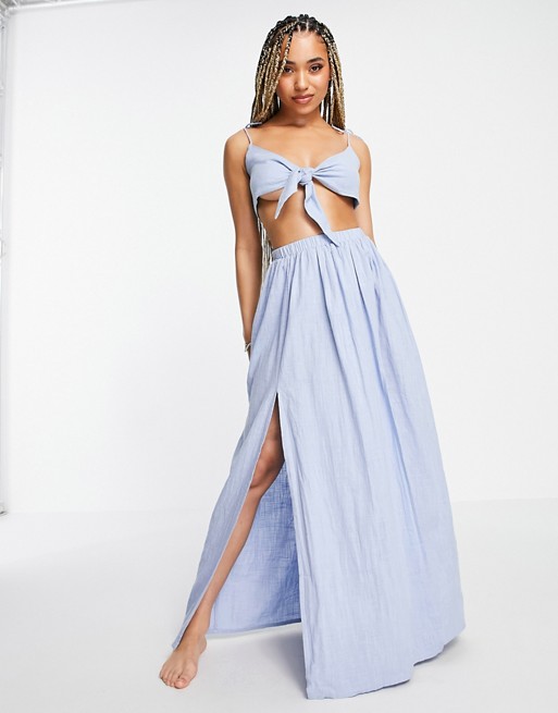 ASOS DESIGN textured split front beach maxi skirt in icy blue