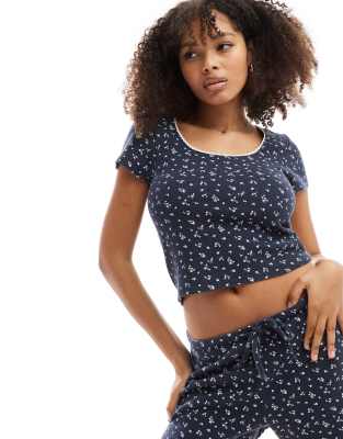 ASOS DESIGN textured square neck cap sleeve t-shirt co-ord in navy ditsy print