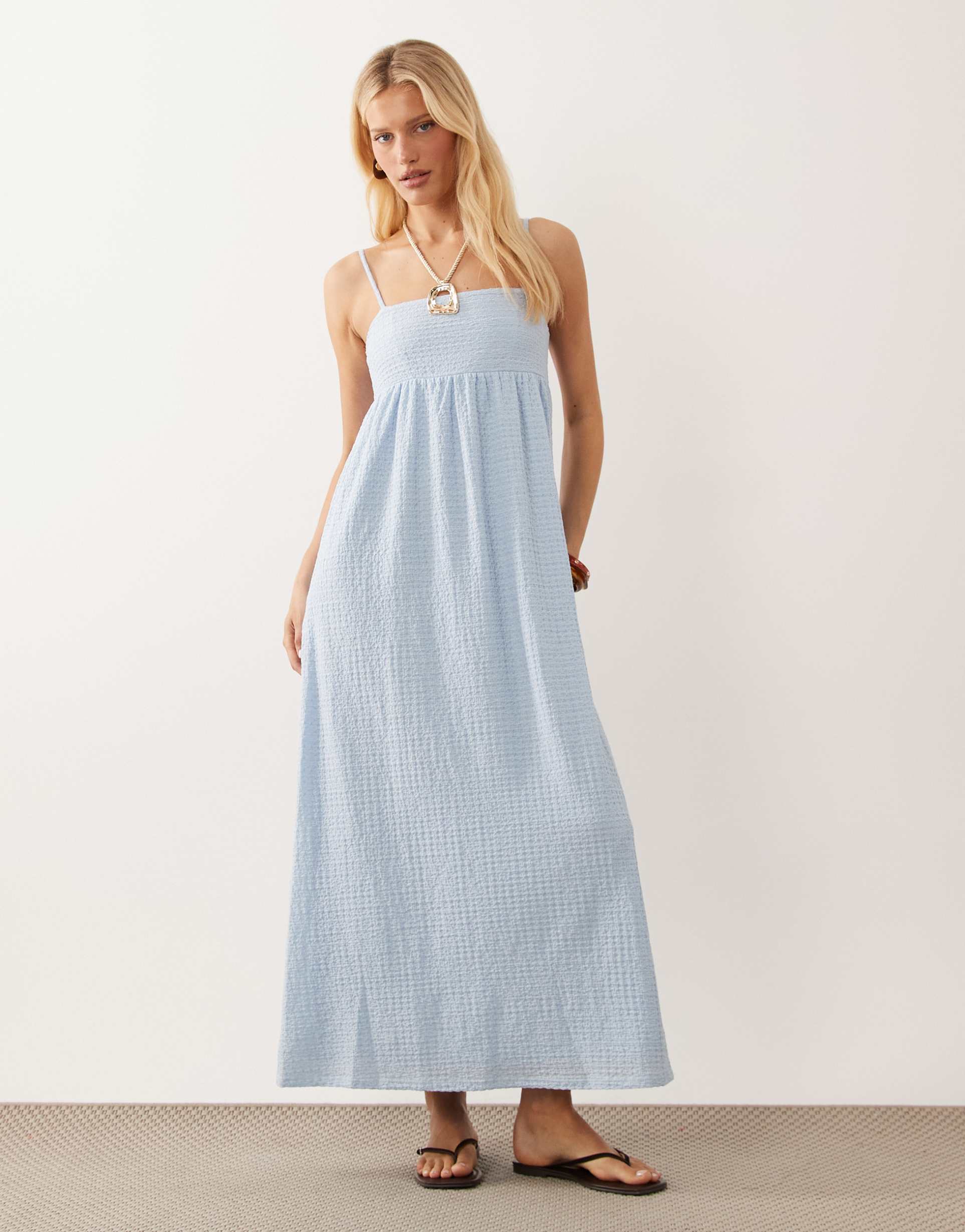 asos design textured square neck midaxi dress in light blue