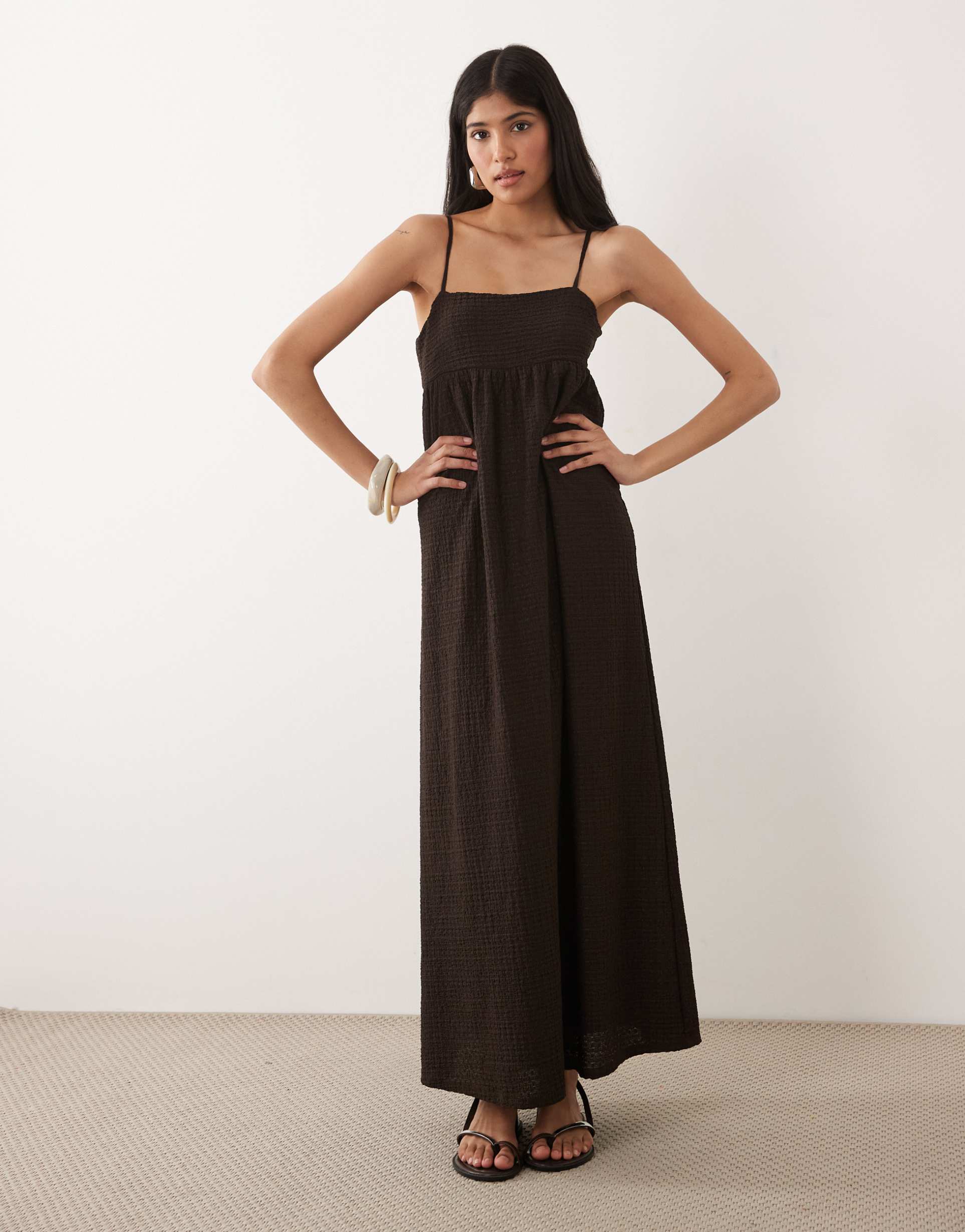 asos design textured square neck midi dress in brown