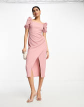 ASOS DESIGN wrap tux midi dress with shoulder pads in stone ASOS