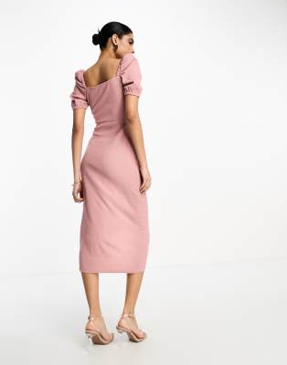 ASOS DESIGN textured square neck puff sleeve midi dress in dusty pink