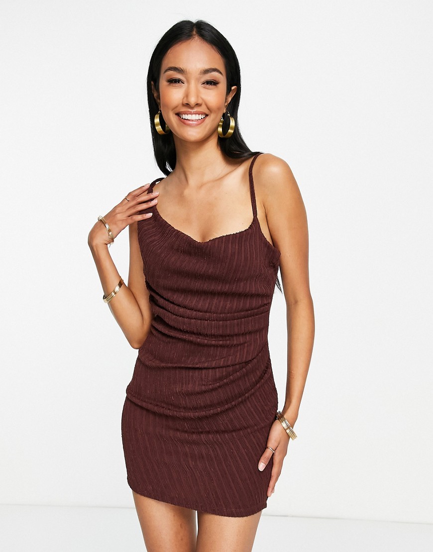 ASOS DESIGN textured strappy drapey mini dress in chocolate brown
