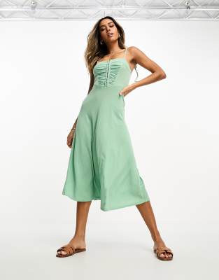 ASOS DESIGN textured strappy midi tea dress with hook and eye detail in  sage green | ASOS