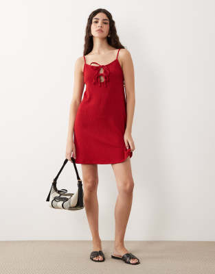 ASOS DESIGN textured strappy mini dress with tie detail front in red red 9290₽