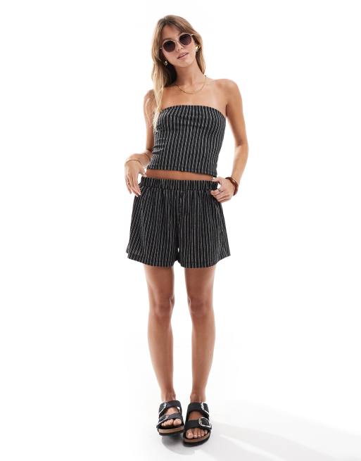 ASOS DESIGN textured stripe bandeau top and boxer shorts set in black
