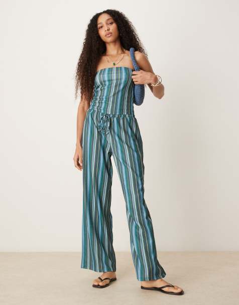 ASOS DESIGN textured stripe bandeau top and trouser co ord in teal - view 1