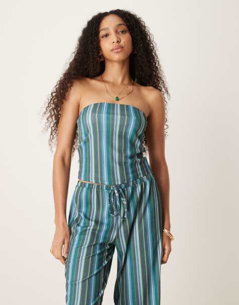 ASOS DESIGN textured stripe bandeau top co ord in teal - view 1