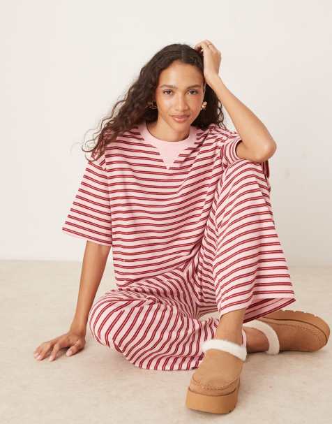 ASOS DESIGN textured stripe boxy tee in pink & burgundy (part of a set) - view 1