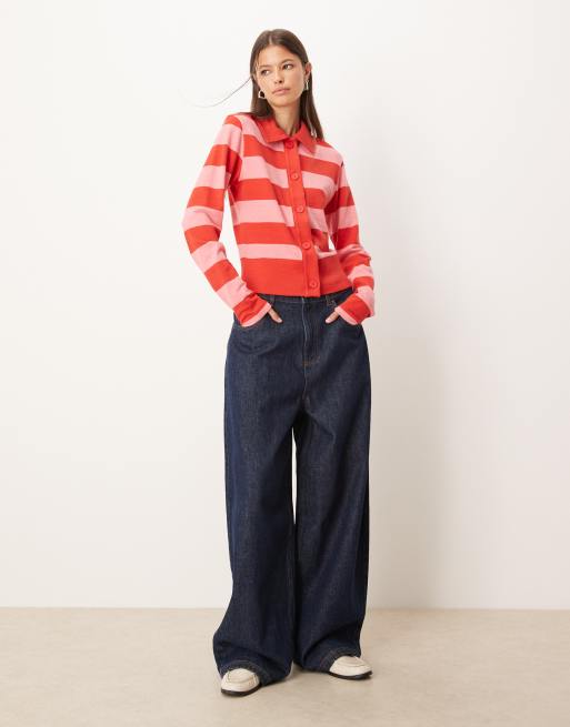 ASOS DESIGN textured stripe collared cardigan in red & pink stripe, 2 of 4