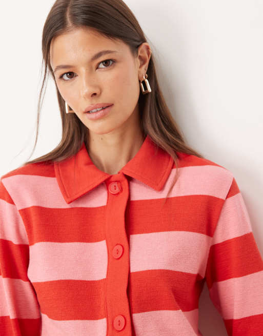 ASOS DESIGN textured stripe collared cardigan in red & pink stripe, 3 of 4