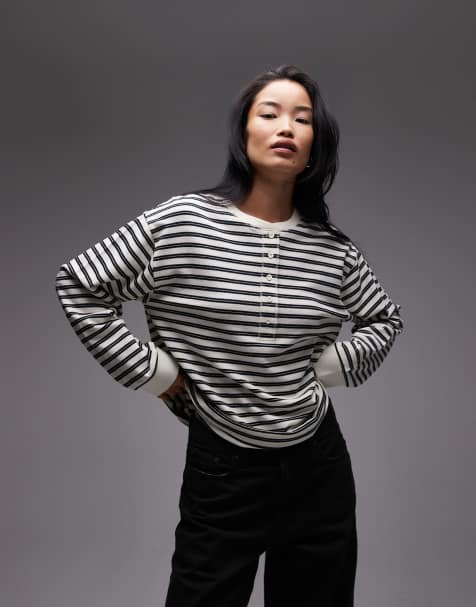ASOS DESIGN textured stripe henley in stripe in cream stripe