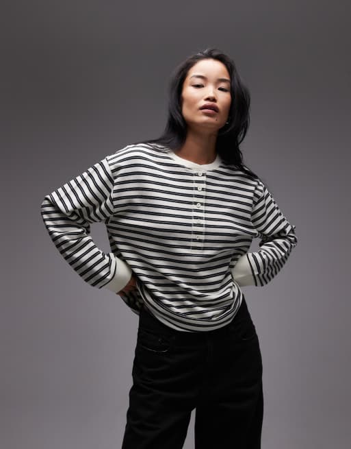 ASOS DESIGN textured stripe Henley in stripe in cream stripe