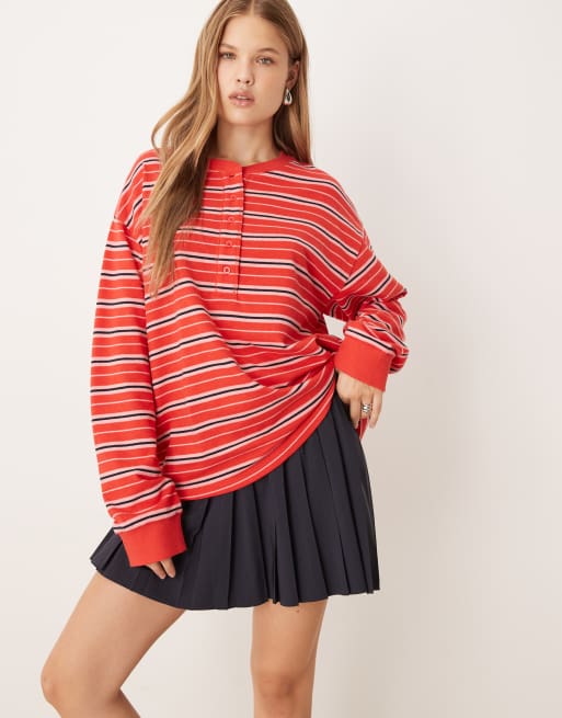 ASOS DESIGN textured stripe henley T-shirt in red stripe