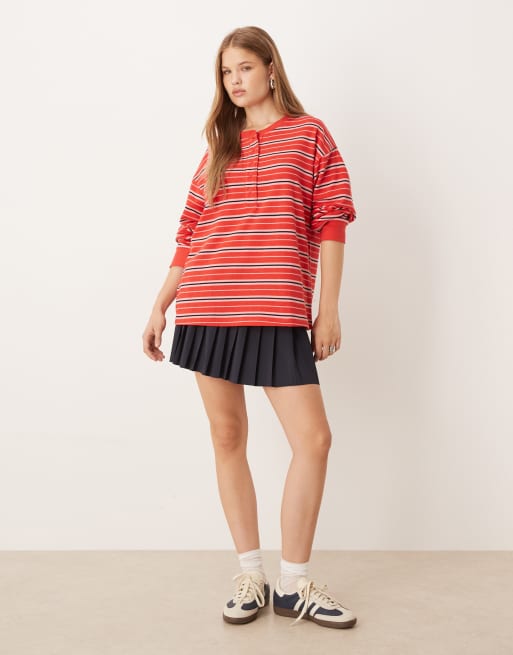ASOS DESIGN textured stripe henley T-shirt in red stripe