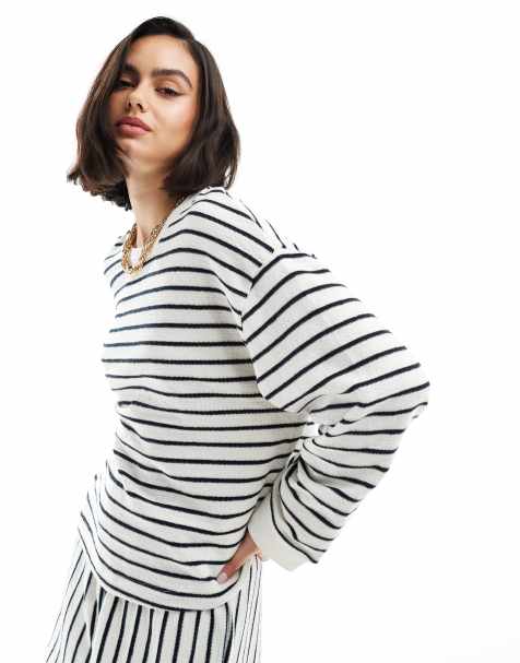 ASOS DESIGN textured stripe long sleeve t-shirt co-ord in cream and navy - view 1