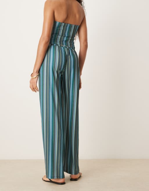 ASOS DESIGN textured stripe mid rise wide leg pants in teal - part of a set, 3 of 5