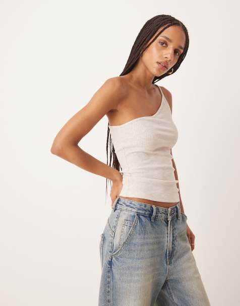 ASOS DESIGN textured stripe one shoulder tank top in neutral - view 1