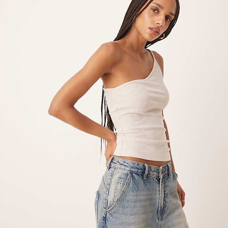 ASOS DESIGN textured stripe one shoulder tank top in neutral ASOS DESIGN textured stripe one shoulder tank top in neutral