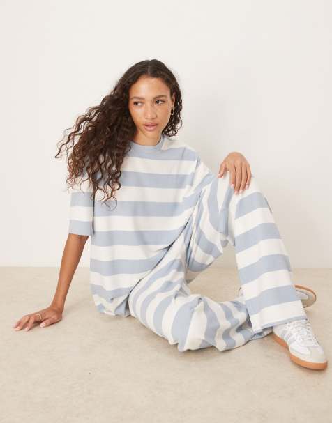 ASOS DESIGN textured stripe oversized t-shirt in blue & cream striple - view 1