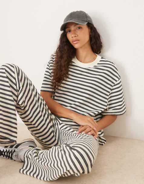 ASOS DESIGN textured stripe oversized t-shirt in cream stripe - view 1