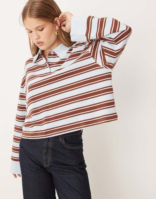 ASOS DESIGN textured stripe polo collar top in blue & chocolate stripe