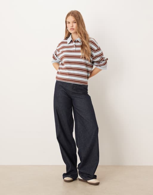 ASOS DESIGN textured stripe polo collar top in blue & chocolate stripe