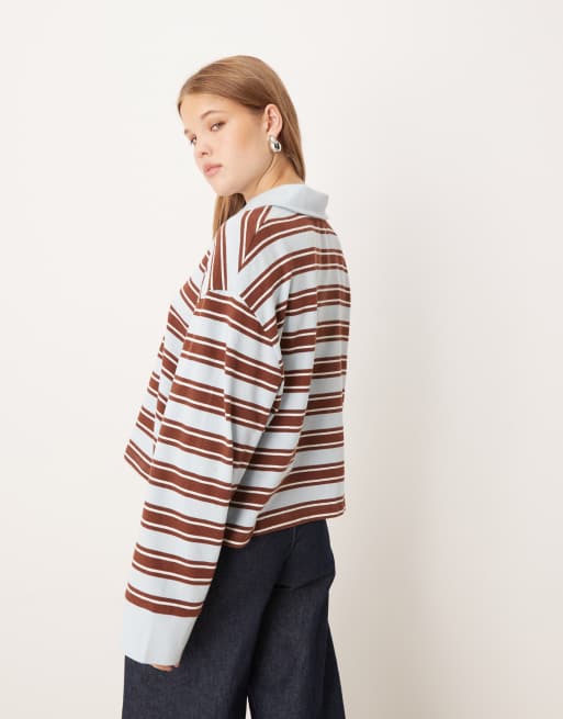 ASOS DESIGN textured stripe polo collar top in blue & chocolate stripe