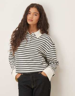Asos Design Textured Stripe Polo Collar Top In Black
