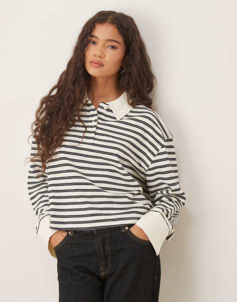 ASOS DESIGN textured stripe rugby collared top in cream stripe - view 1