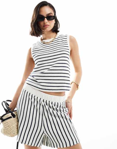 ASOS DESIGN textured stripe vest co-ord in cream and navy  - view 1