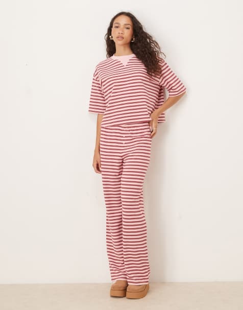 ASOS DESIGN textured stripe wide leg pants in pink & burgundy stripe (part of a set) - view 1