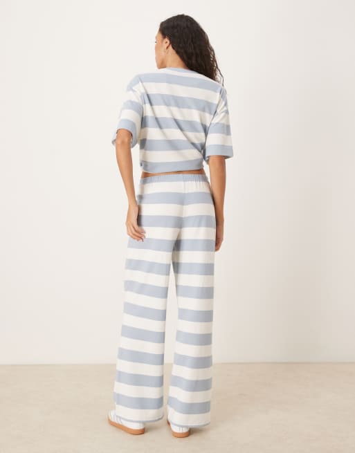 ASOS DESIGN textured stripe wide leg trouser in blue & cream stripe, 3 of 5