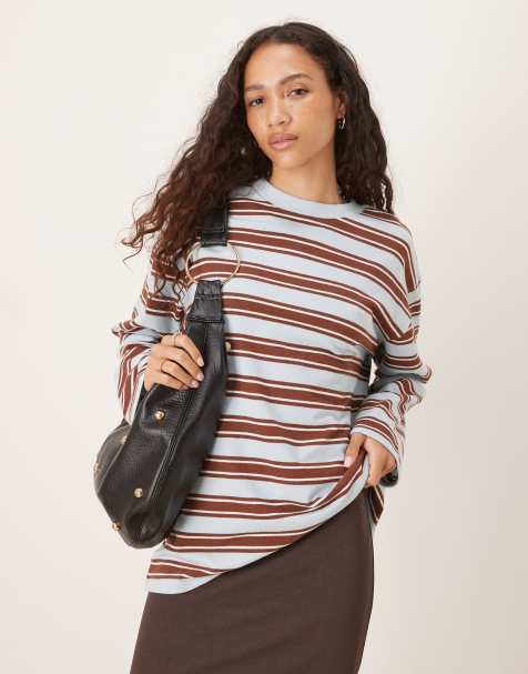 ASOS DESIGN textured stripe wide sleeve T-shirt in blue & choc - view 1