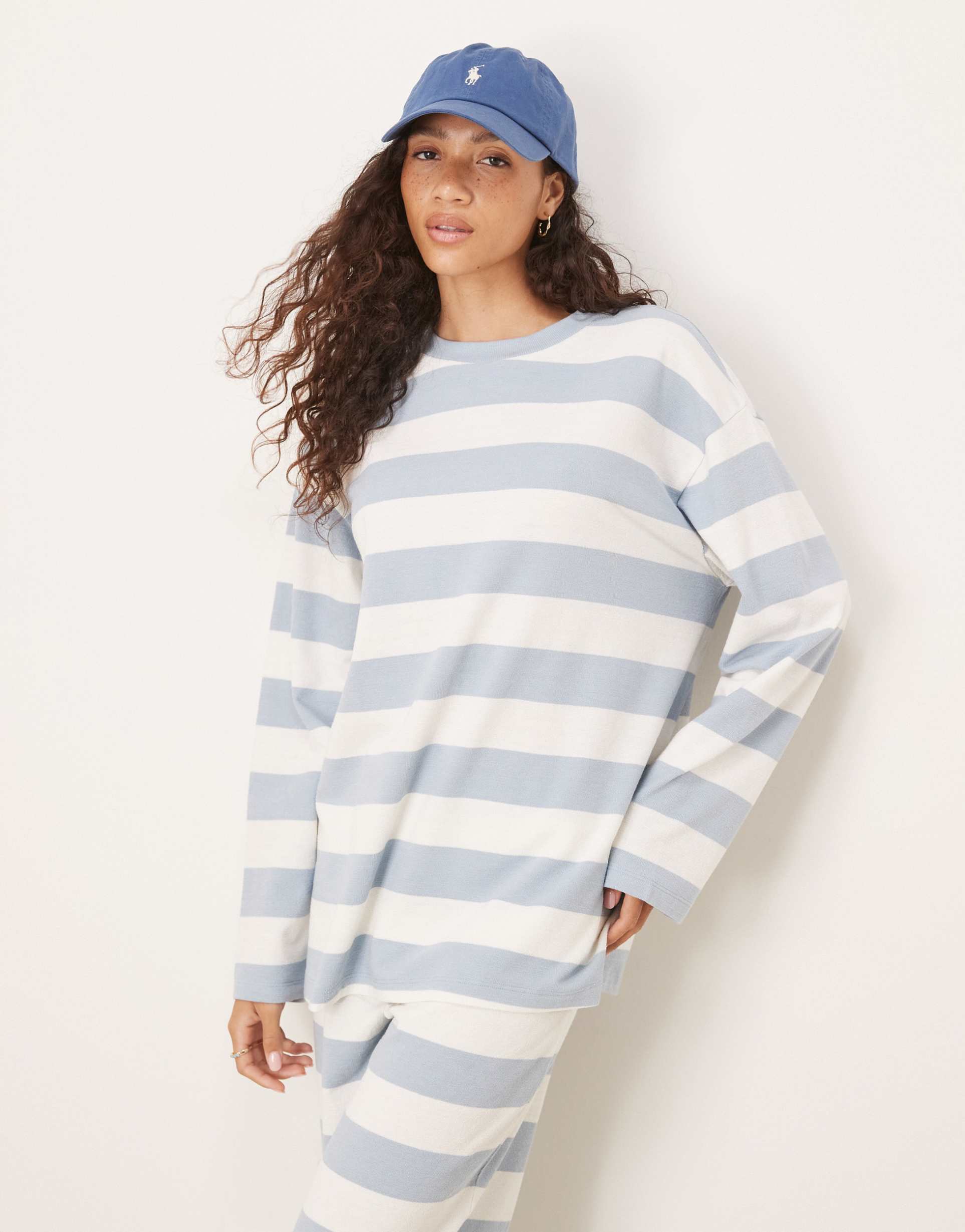 asos design textured stripe wide sleeve t-shirt in blue & cream