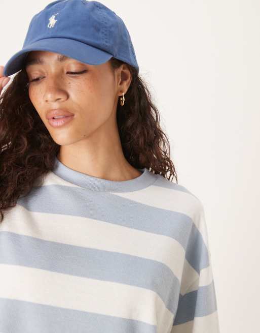 ASOS DESIGN textured stripe wide sleeve T-shirt in blue & cream