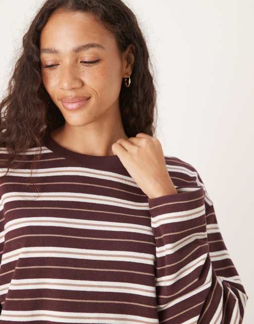 ASOS DESIGN textured stripe wide sleeve T-shirt in choc & cream