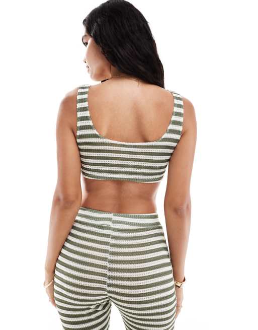 ASOS DESIGN textured striped cami top in cream and olive - part of a set