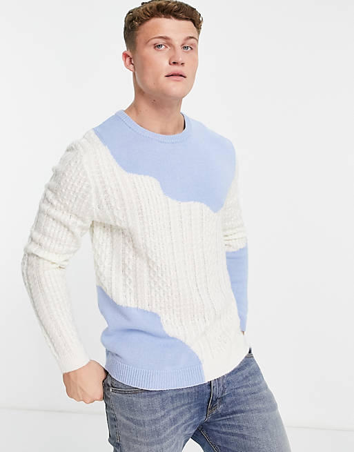 ASOS DESIGN textured sweater with split cable front in blue and cream ...