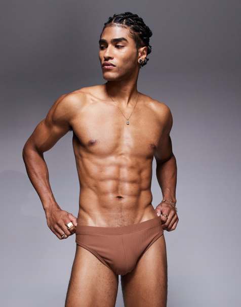 ASOS DESIGN textured swim brief in brown - view 1