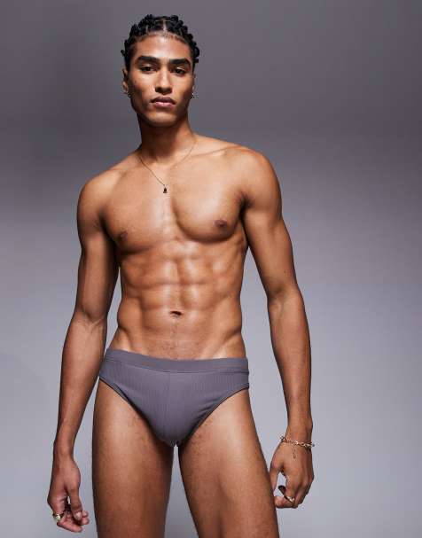 ASOS DESIGN textured swim brief in charcoal - view 1