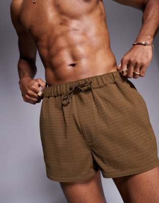 Asos Design Textured Swim Shorts In Brown