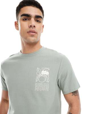 Asos Design Textured T-shirt With Chest Print In Green