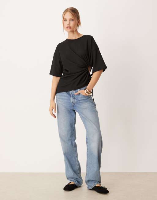 ASOS DESIGN textured T-shirt with drawstring waist detail in black, 2 of 4