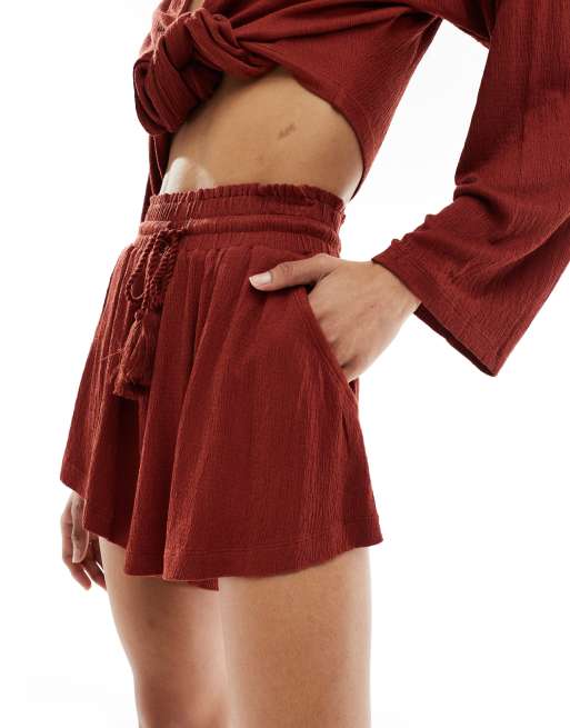ASOS DESIGN textured tassel tie waist flippy shorts in rust - part of a set, 4 of 5