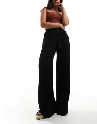 Asos Design Textured Tassel Tie Waist Wide Leg Pants In Black